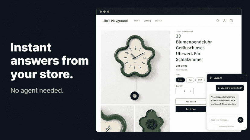 Shopgeist AI chat widget answering shipping question