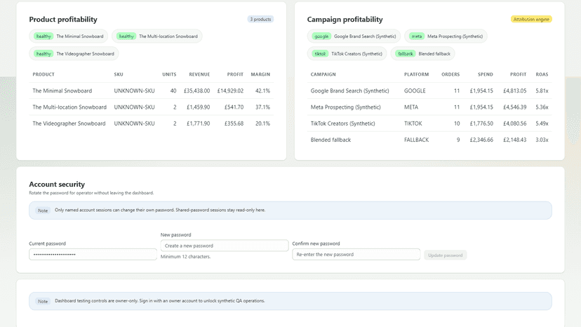 Connection status and order sync controls