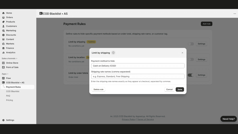 Checkout Rules, payment rules