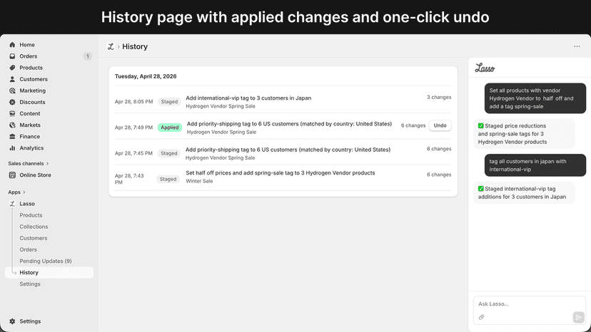History page with applied changes and one-click undo