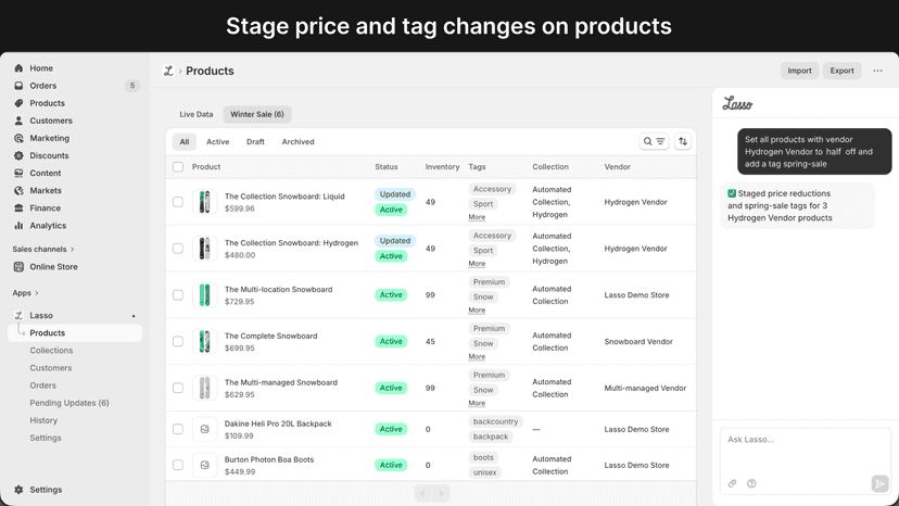 Lasso chat staging price + tag changes on Shopify products