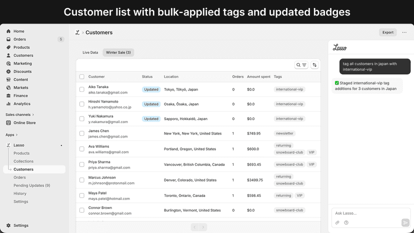 Customer list with bulk-applied tags and updated badges