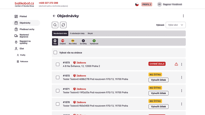 Orders overview in the Balikobot app
