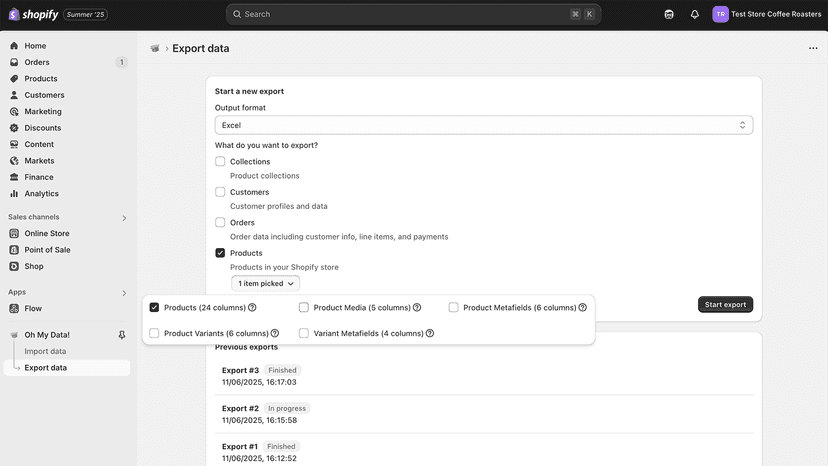Starting a new export - choosing what data to export