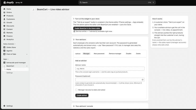 BeamCart merchant dashboard in the Shopify admin
