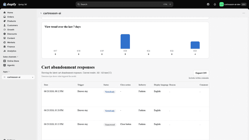 Review cart feedback responses and export CSV data