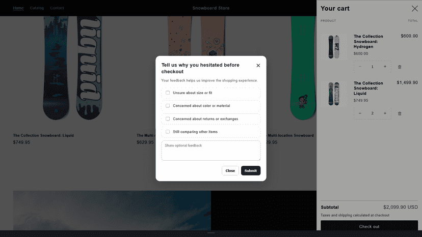 CartReason AI feedback modal in the cart drawer