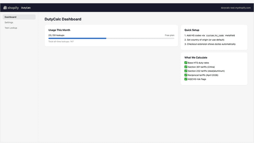 DutyCalc dashboard showing usage stats and quick setup