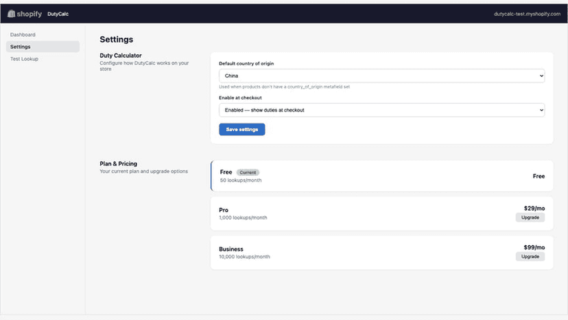 Settings page with country of origin configuration
