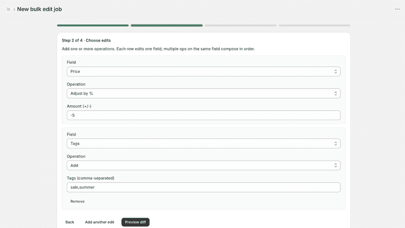 Job wizard with filters and bulk edit operations