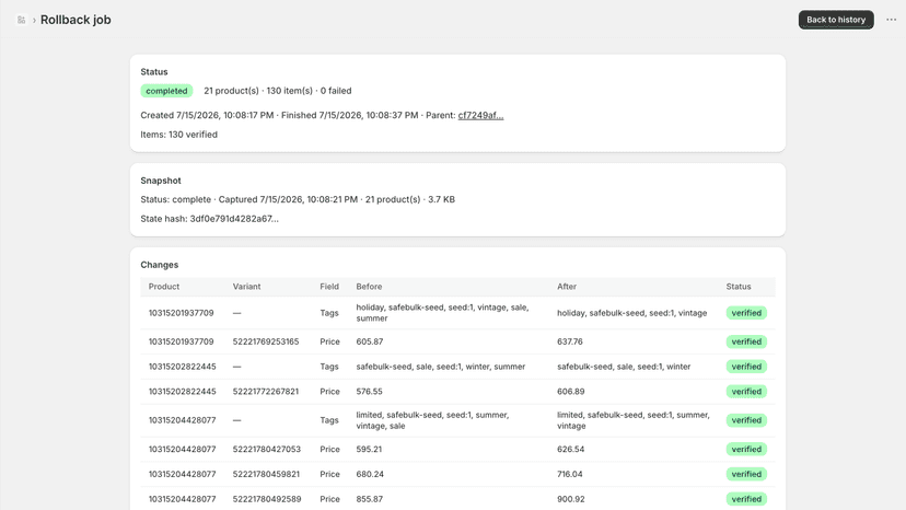 Job detail with one-click rollback and verified restore