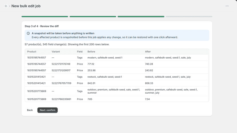 Diff preview showing before and after values for each product