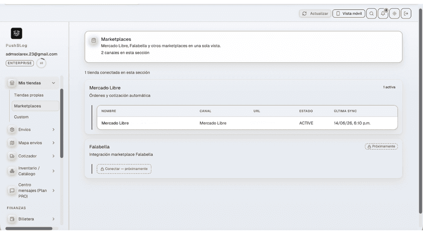 Tiendas y marketplaces conectados en PushSLog