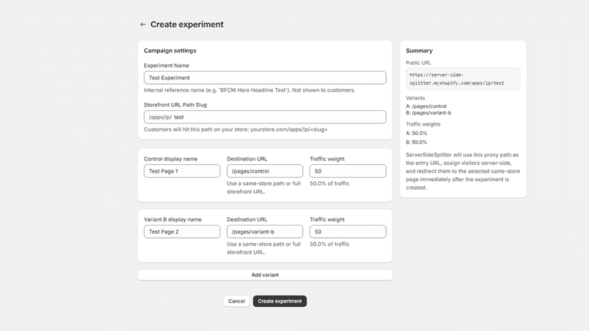 Paste page URLs, set weights, launch a split test in minutes