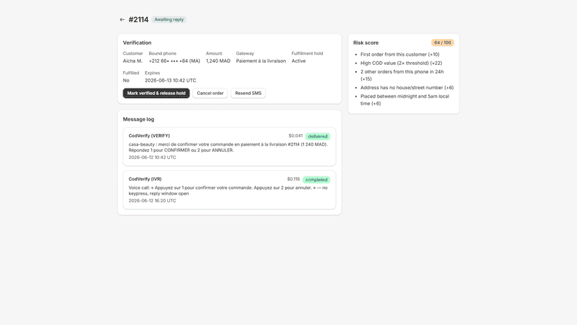 Order detail with risk score reasons and message history