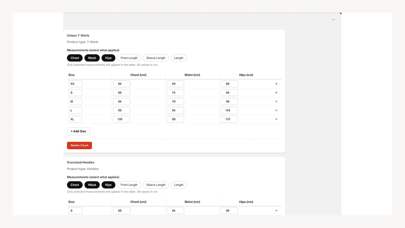 Configure size charts per product type from the admin
