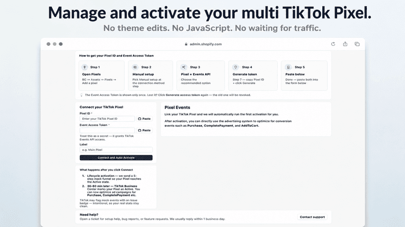 Pixel connection form with step-by-step setup guide