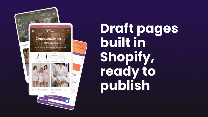 Draft pages created in Shopify, ready to publish