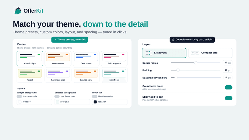 OfferKit bundle style editor for cart upsell widgets