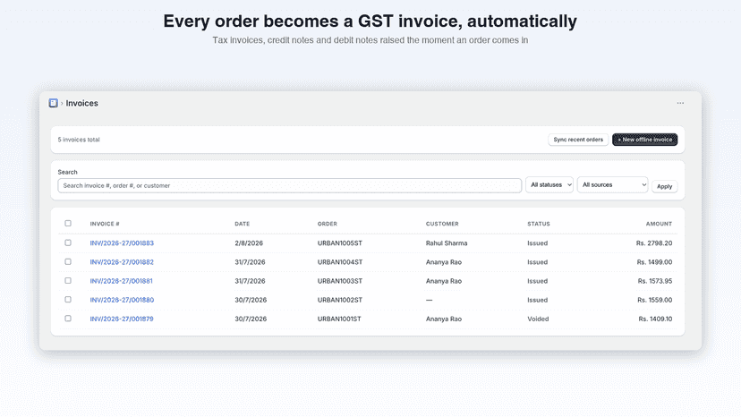 Invoice list with search, status filters and amounts for each or