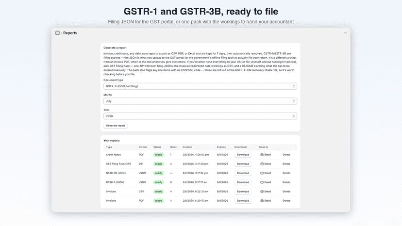 Reports page generating a GSTR-1 filing export for a selected mo
