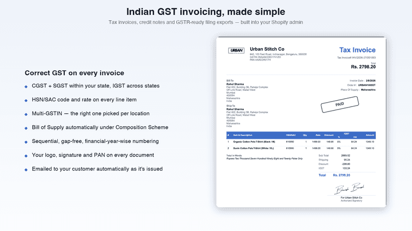 GST tax invoice PDF showing HSN codes, GST breakdown and sign