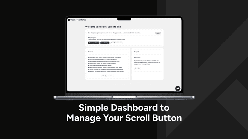 Scroll To Top dashboard showing setup progress and features