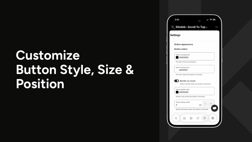 Settings page showing color, style and position options for scro
