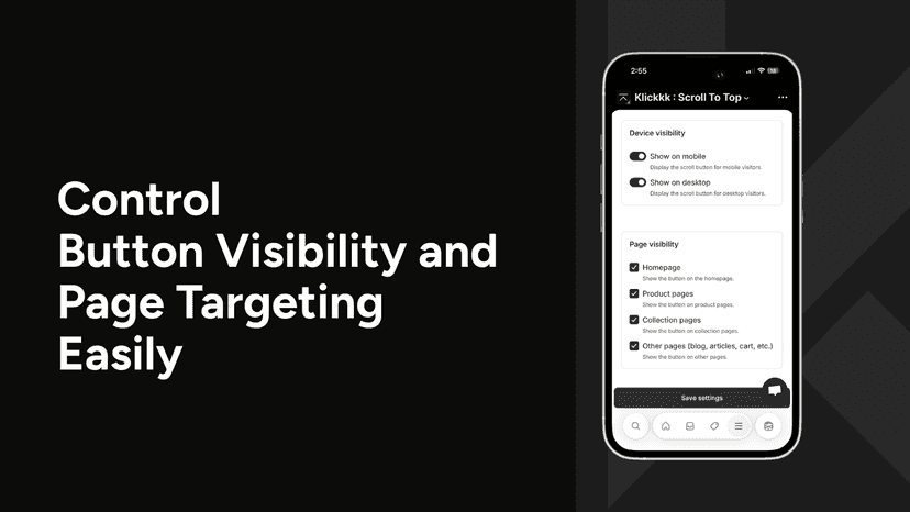 Scroll button visibility and page targeting settings in Klickkk