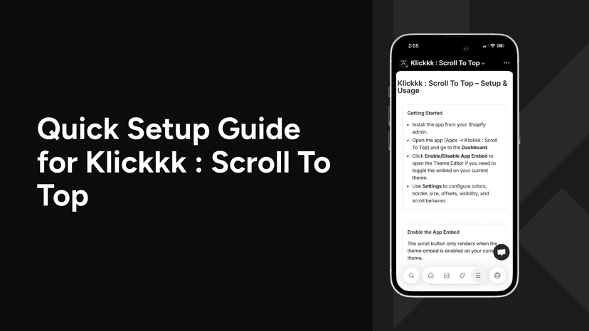 Setup and usage guide screen for the Klickkk Scroll To Top Shopi