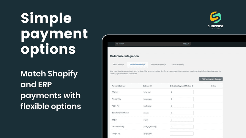 ShopWise payment mapping screen connecting Shopify to Orderwise
