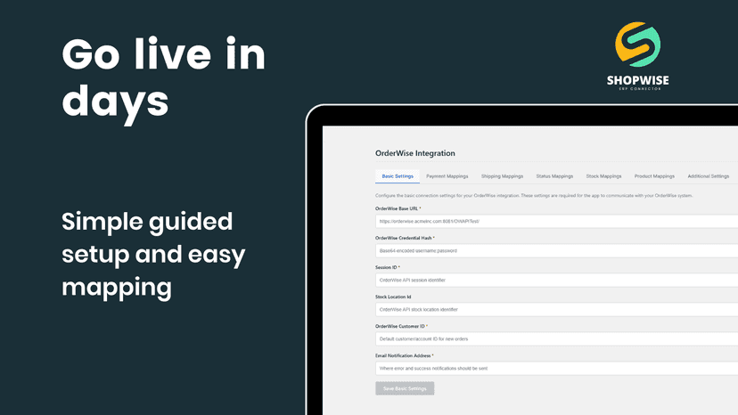 ShopWise setup screen with API key and mapping options