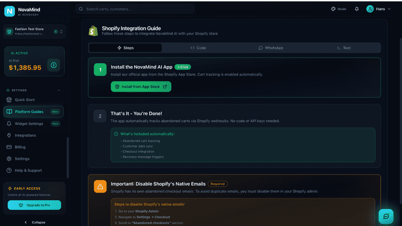 Shopify store connection and integration setup screen.