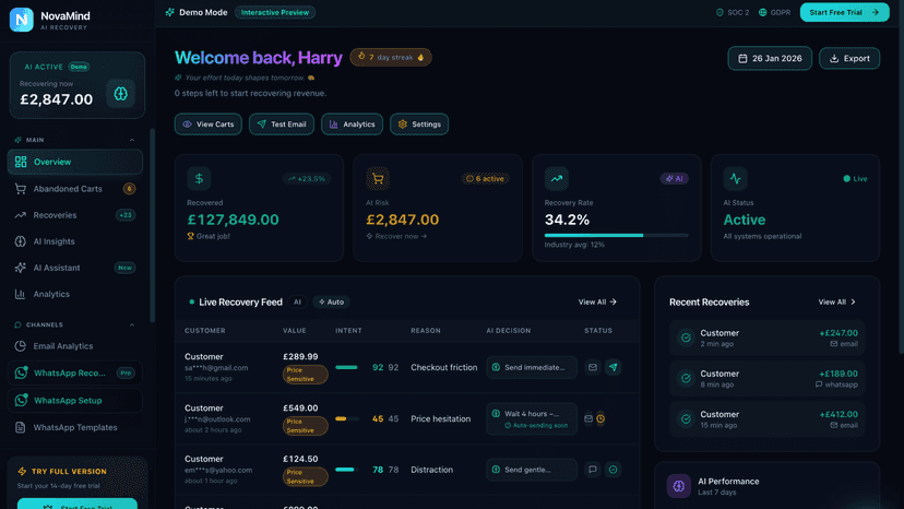 Abandoned cart recovery dashboard with revenue insights.