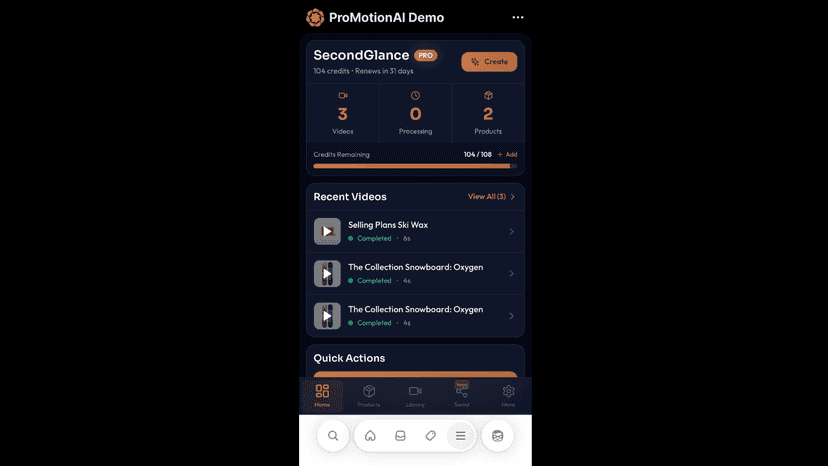 Dashboard with video stats, credits, and recent videos list