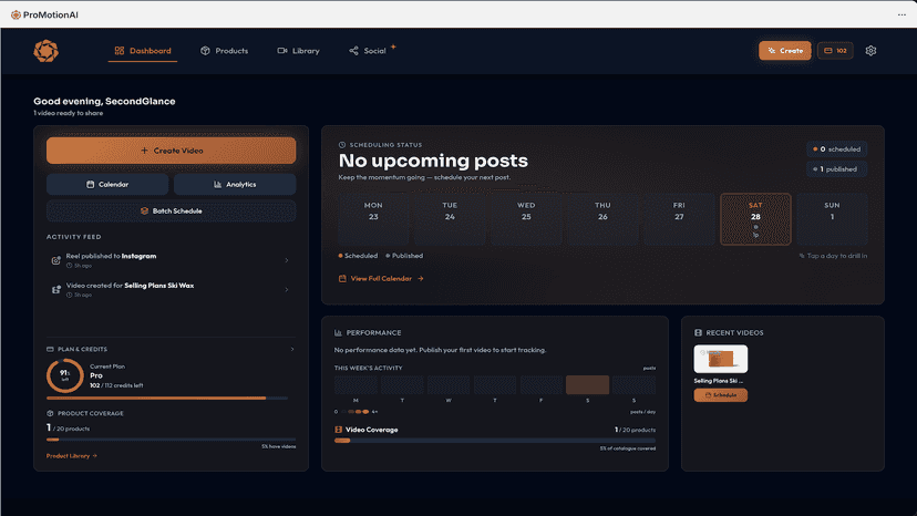 ProMotionAI dashboard showing video stats and credit balance