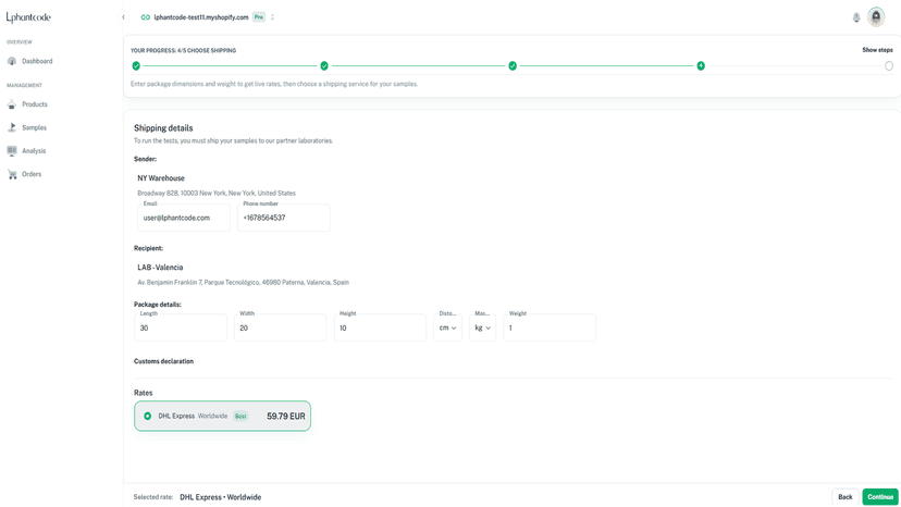 Merchant enters package details and selects a shipping service t