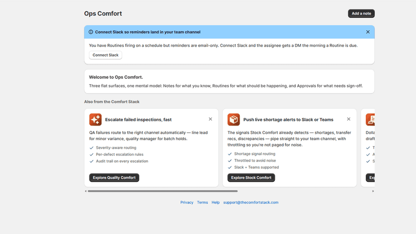 Ops Comfort dashboard with work nudges