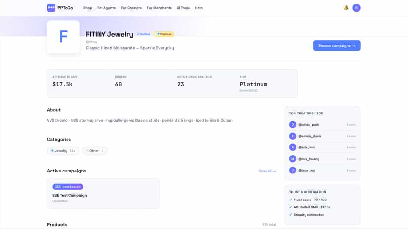 PPToGo storefront with curated products and creator links