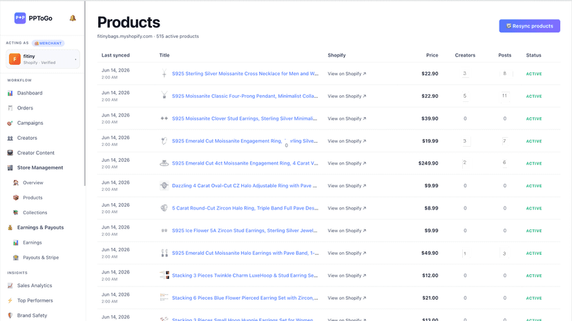 Product catalog with tracking links and sales metrics