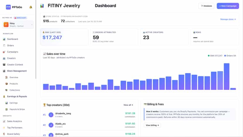 Merchant dashboard with GMV stats and creator earnings