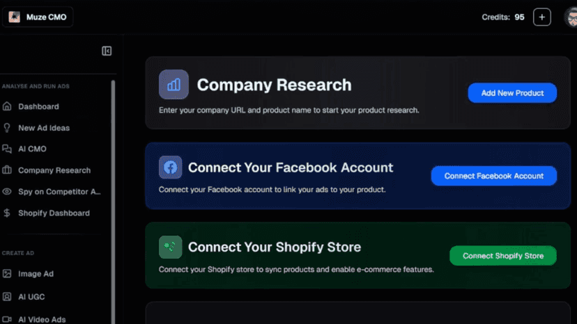 Muze onboarding screen showing Company Research, Connect Meta Ac