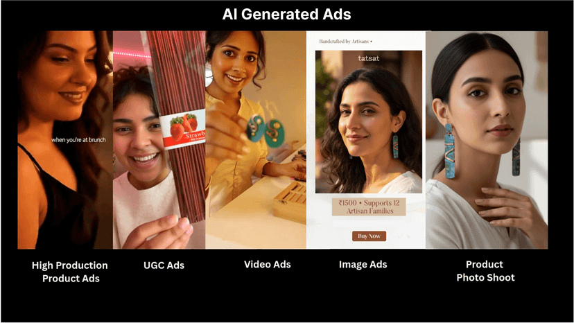 AI-generated ad creatives including High Production videos, UGC