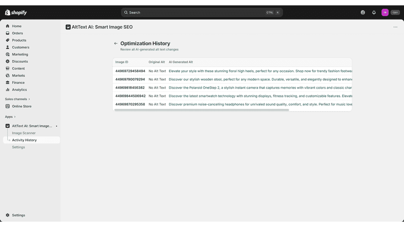 Detailed log of AI-generated alt text changes for store images.
