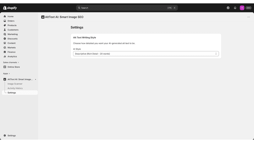 Customizing AI alt text writing styles in the settings menu.