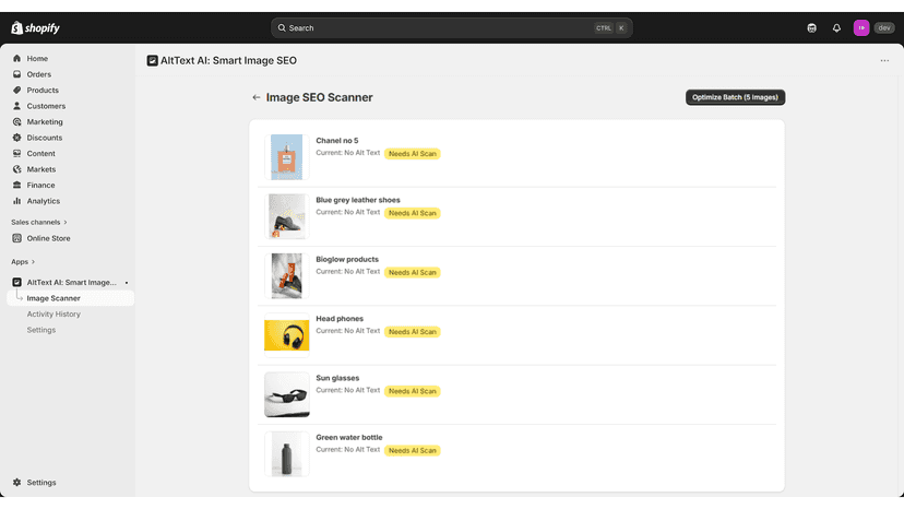 Image scanner interface for batch optimizing product alt text.