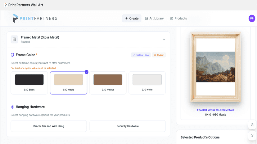 select frame and other options