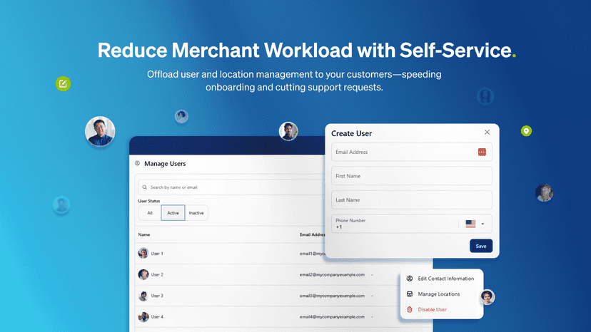 Self-service company admin controls frees merchant time.