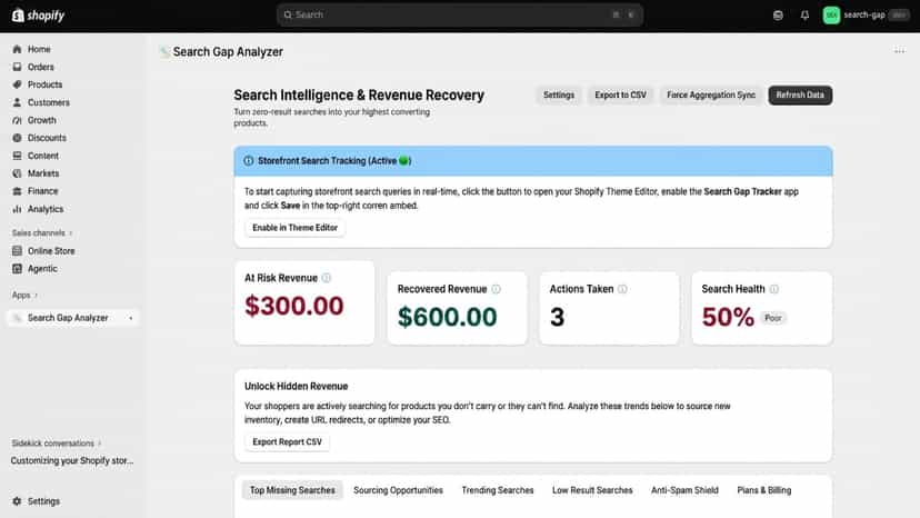 Main dashboard showing search health score and revenue metrics.