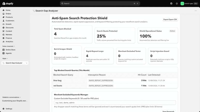 Anti-Spam dashboard displaying blocked bot search traffic.